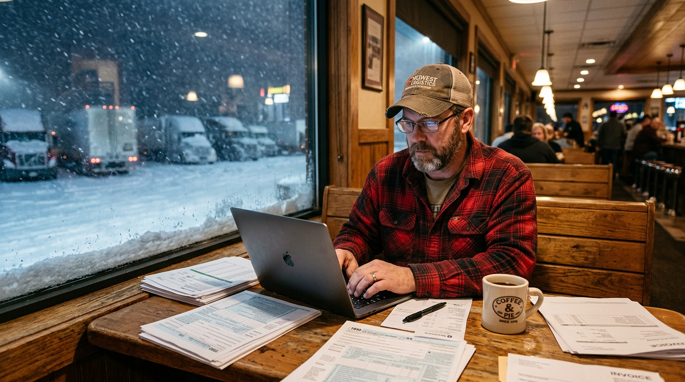 Owner-operator learning how to file past due 1099 taxes on a laptop during blizzard downtime.