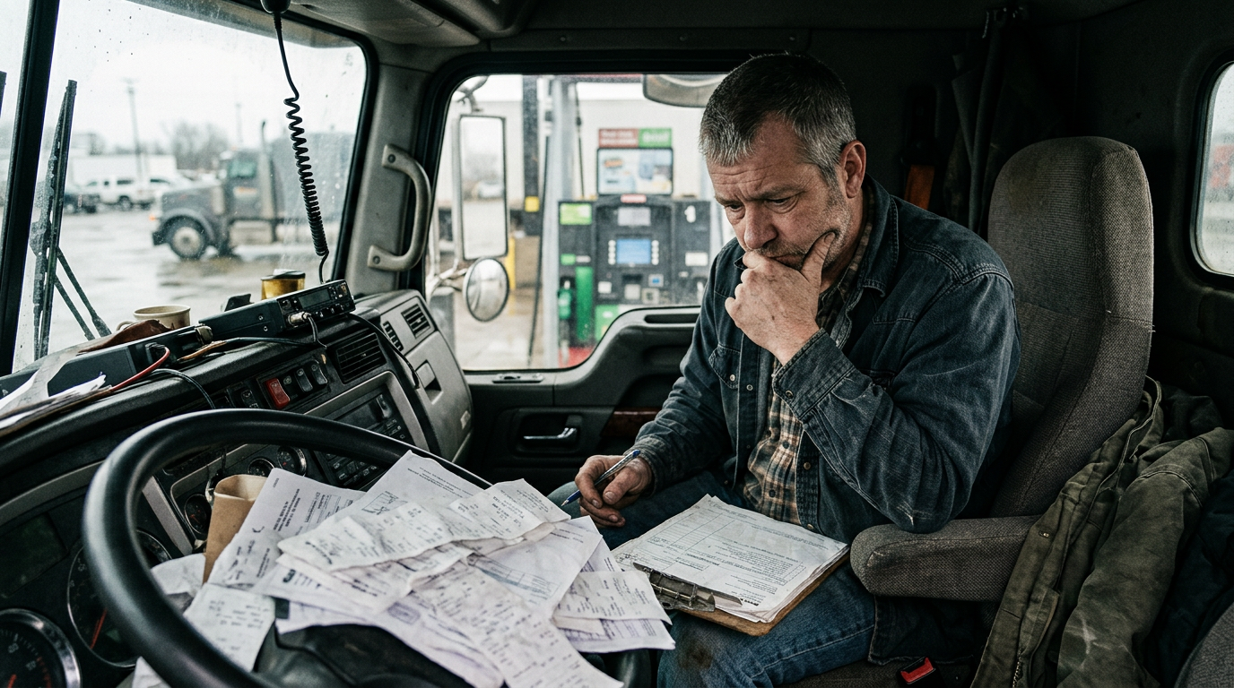 Stressed truck owner-operator reviewing past due 1099 tax documents inside a semi-truck cab near a diesel pump.