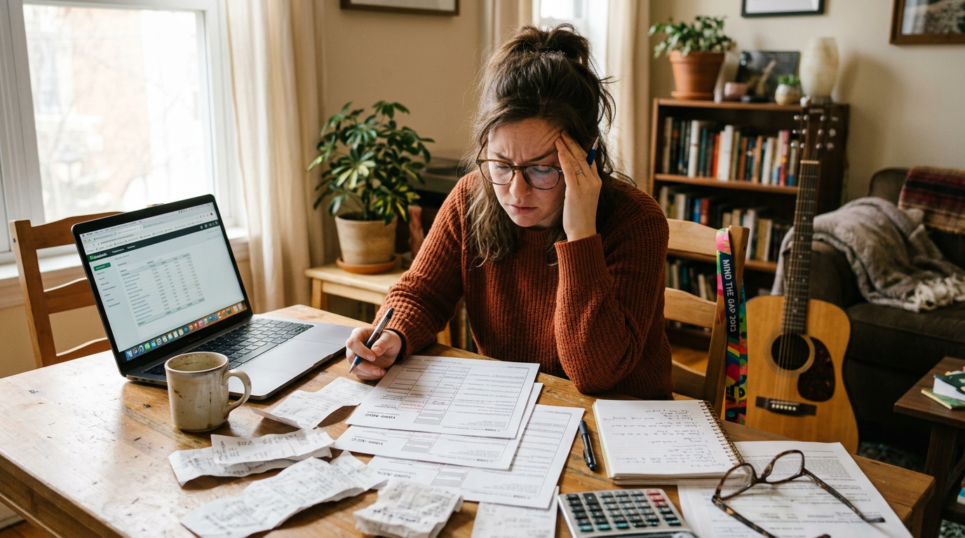Stressed freelance worker organizing past due 1099 tax forms and receipts at a table with a laptop.