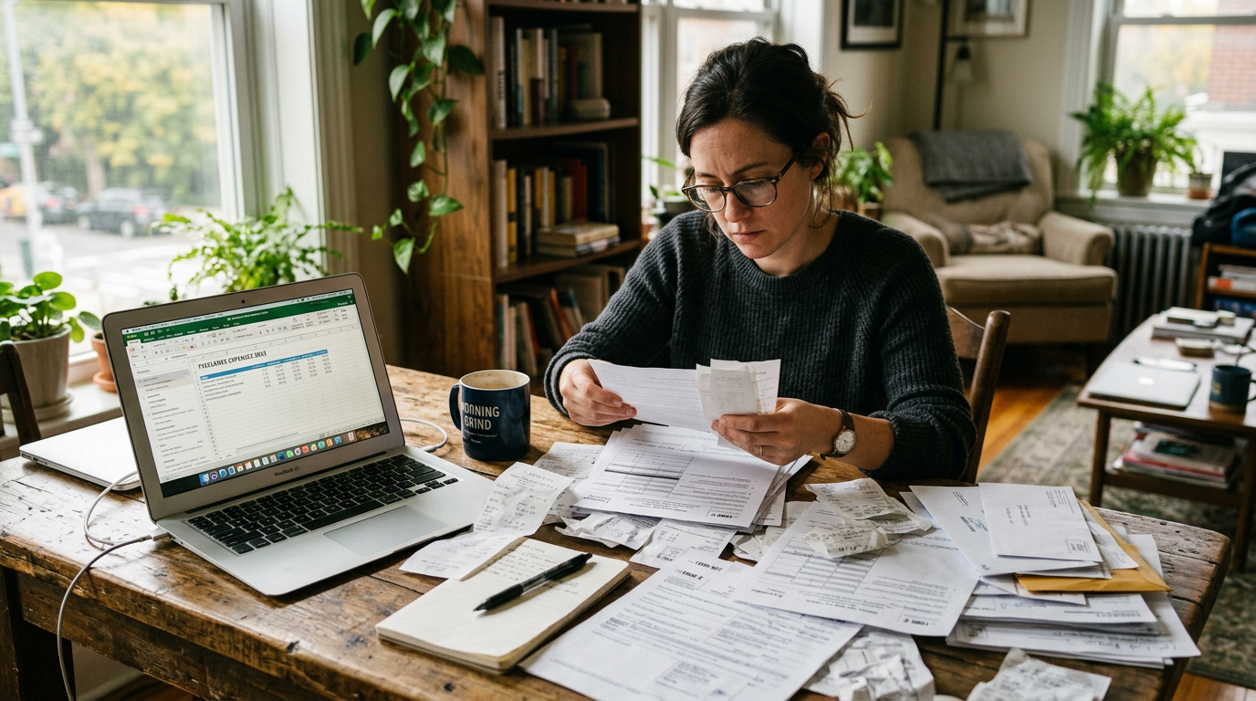 Independent contractor organizing receipts at a laptop to file past due 1099 taxes and manage business tax planning.