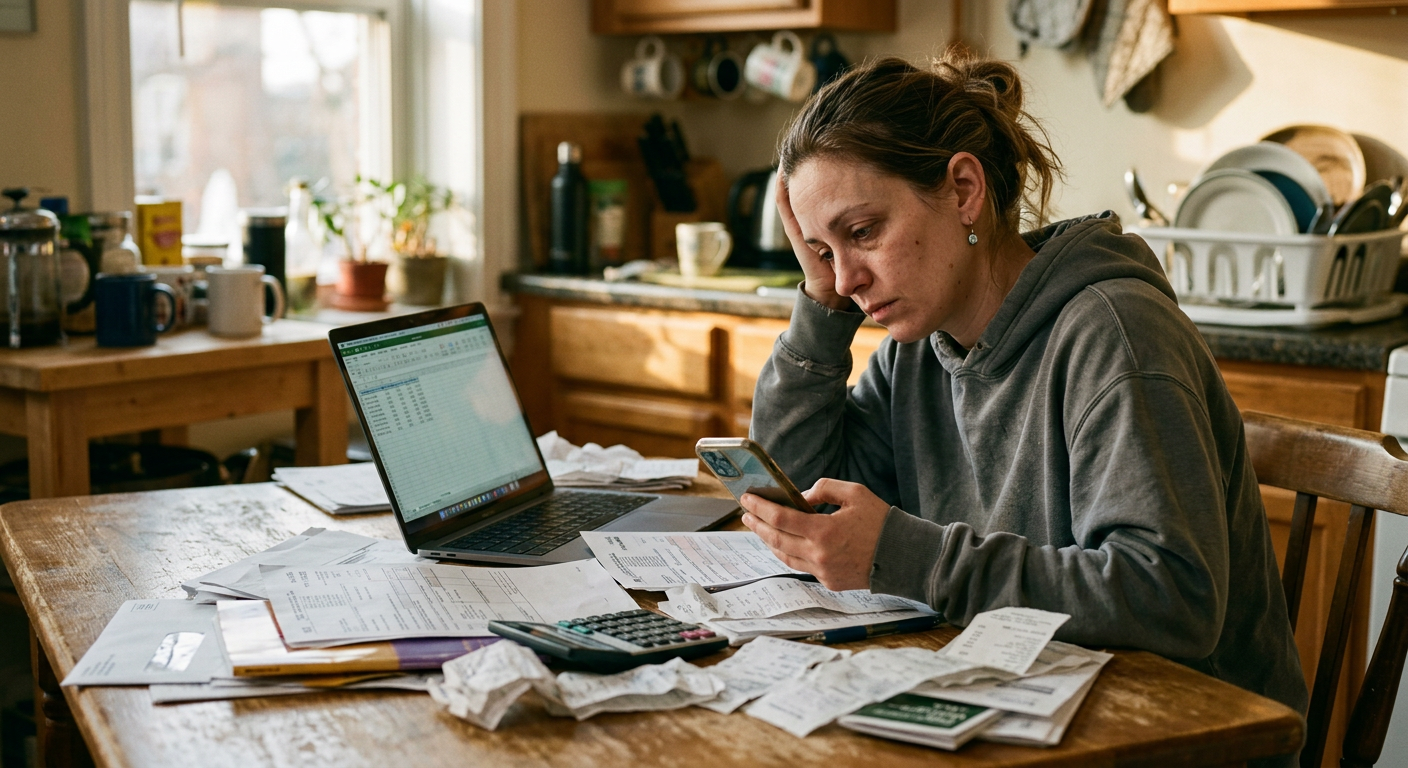 A gig worker compares a smartphone to messy paper forms, highlighting the need for a better tax filing service.