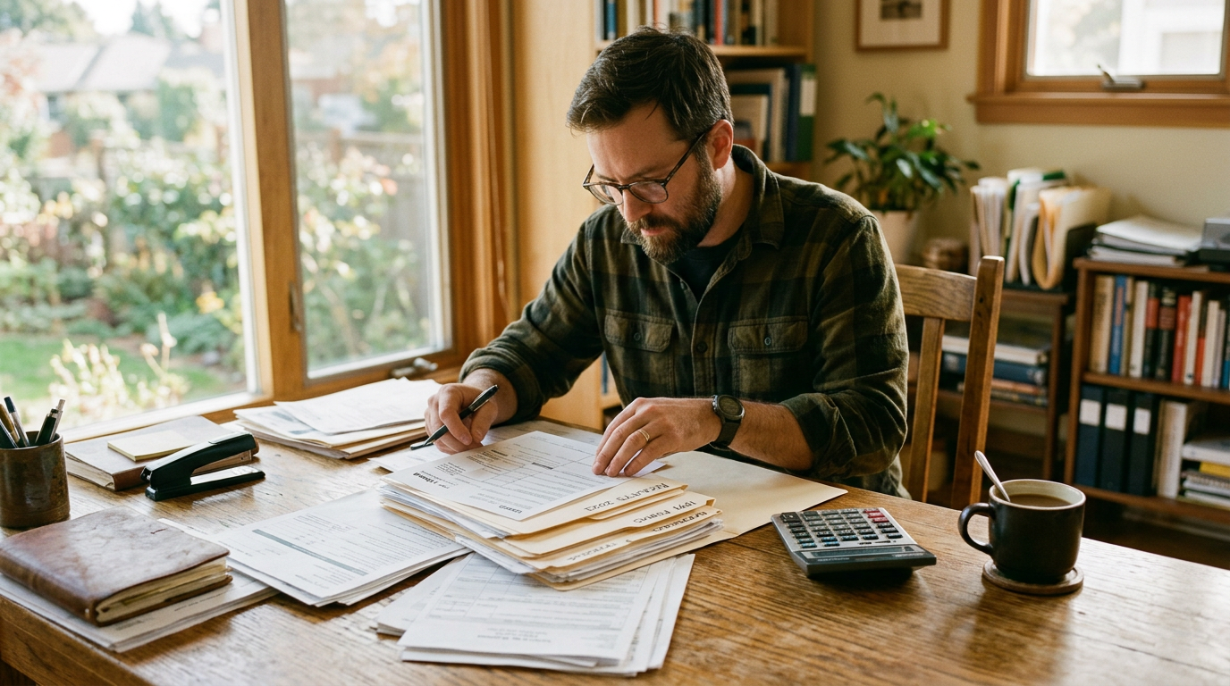 Focused independent contractor reviewing 1099 tax documents at a wooden desk with a calculator.