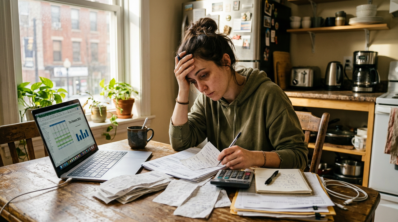 Stressed gig worker reviewing 1099 tax documents at a laptop, needing professional tax prep and advisory services.