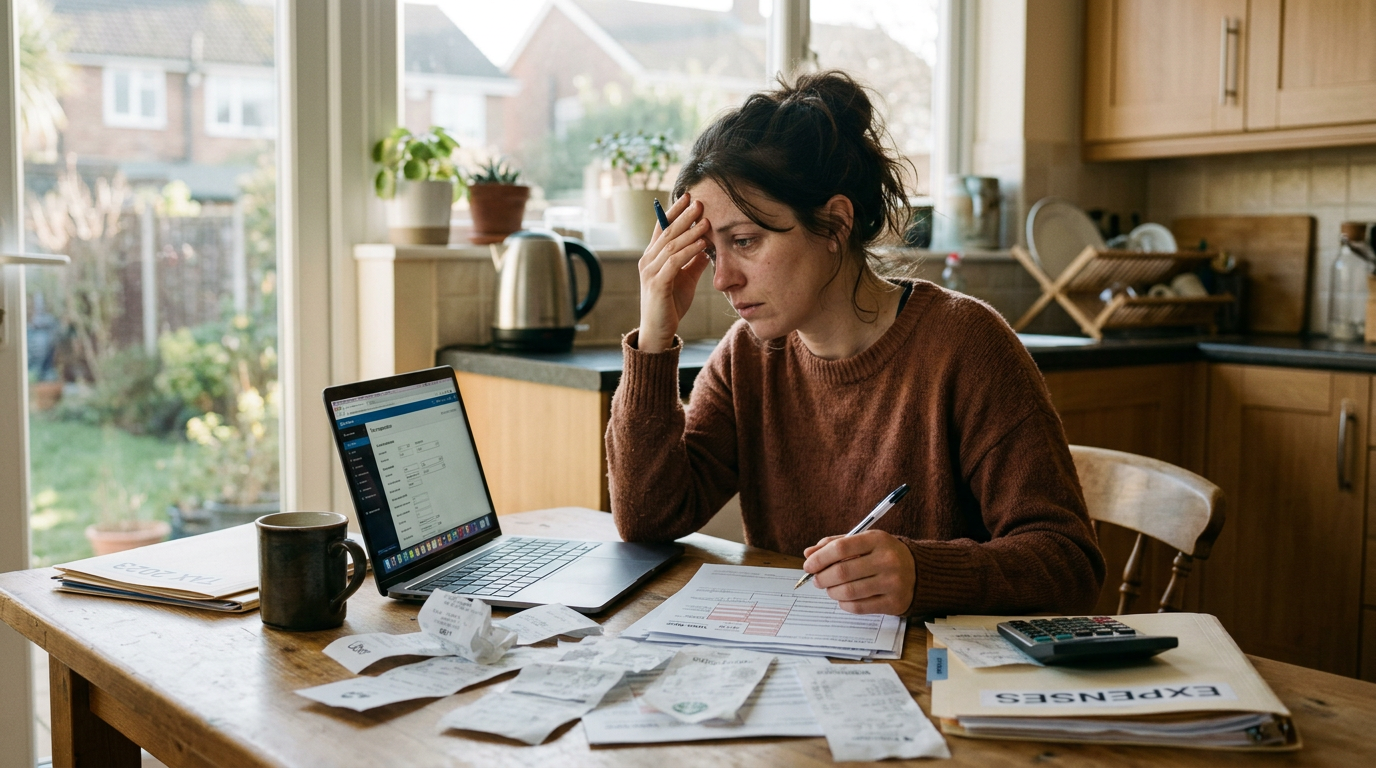 Stressed gig worker reviewing small business taxes and 1099 forms on a laptop at a kitchen table.
