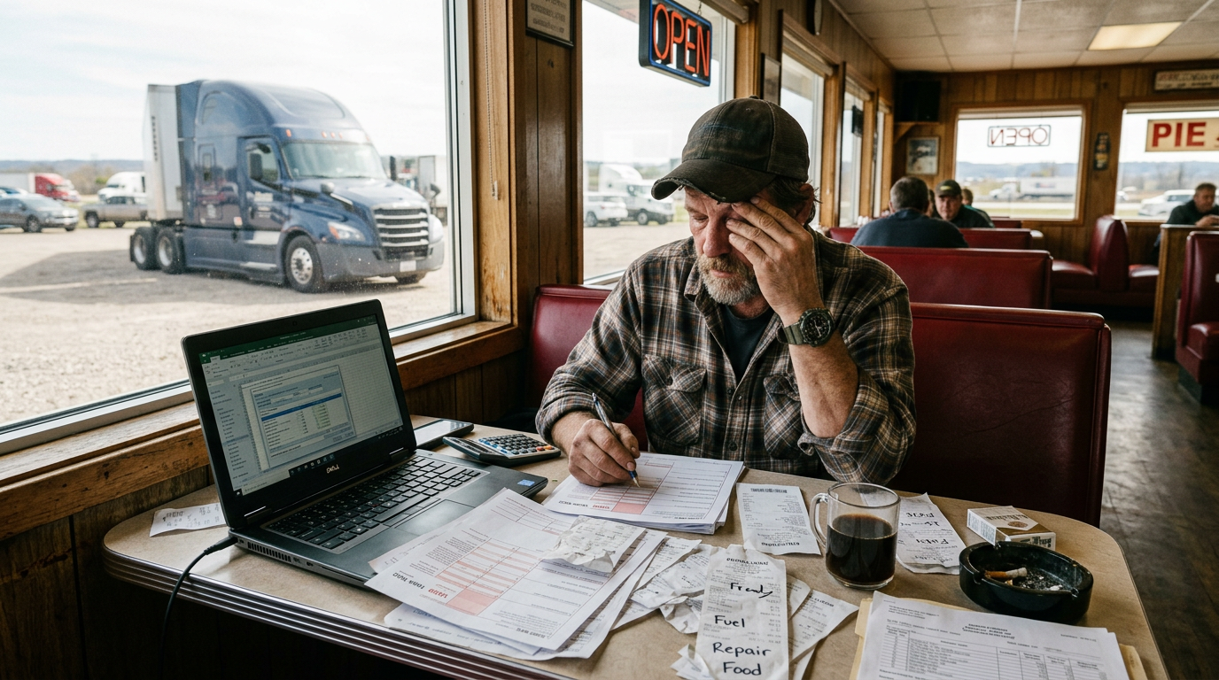 Logistics owner operator reviewing 1099 tax forms and receipts in a diner, highlighting specialized bookkeeping services.