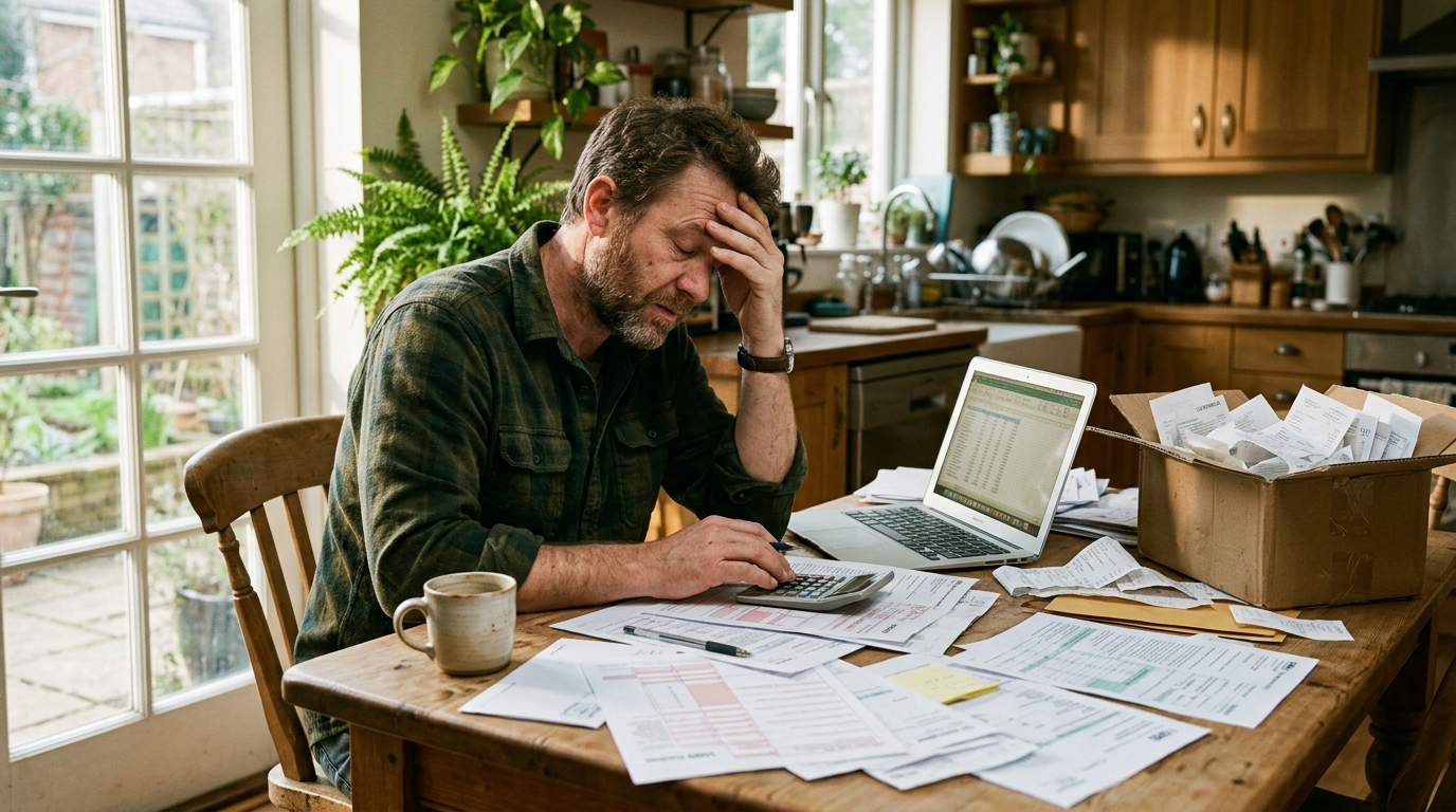 Freelancer organizing receipts and forms to file past due 1099 taxes at a kitchen table.