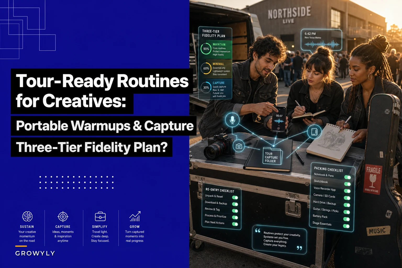 Tour‑Ready Creative Routines with Portable Warmups and a Three‑Tier Fidelity Plan