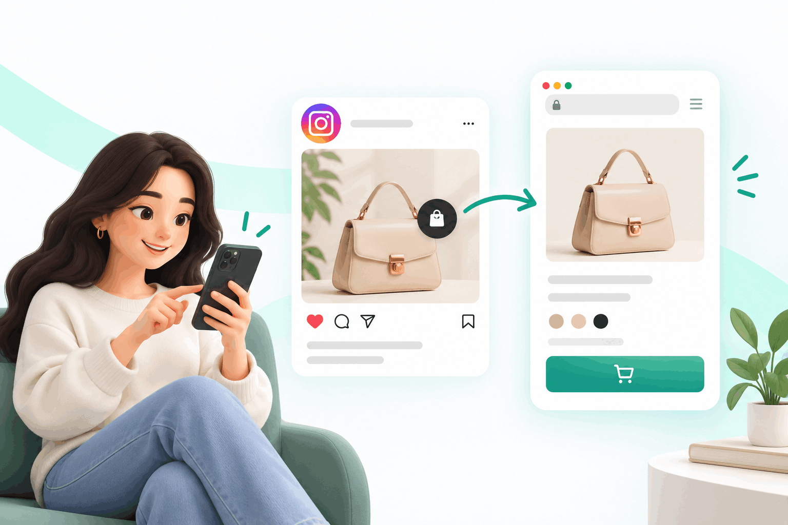 Illustration of a shopper tapping a product tag on an Instagram post and being sent to the seller's website to check out