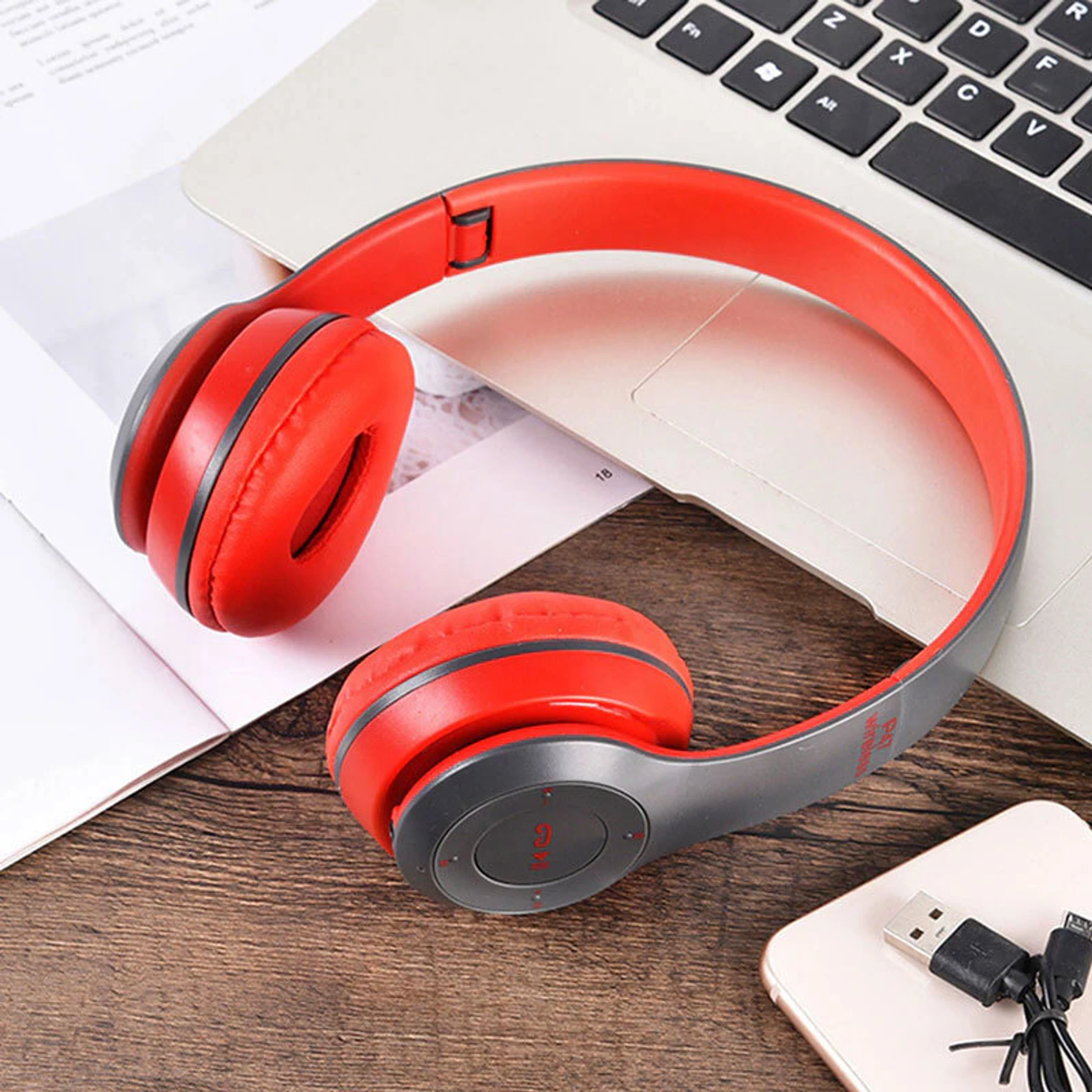 TABARET Best Quality Wireless Earphone Portable ,Mic,SD Card Support Bluetooth Headphone Bluetooth Headset (Red, On the Ear)