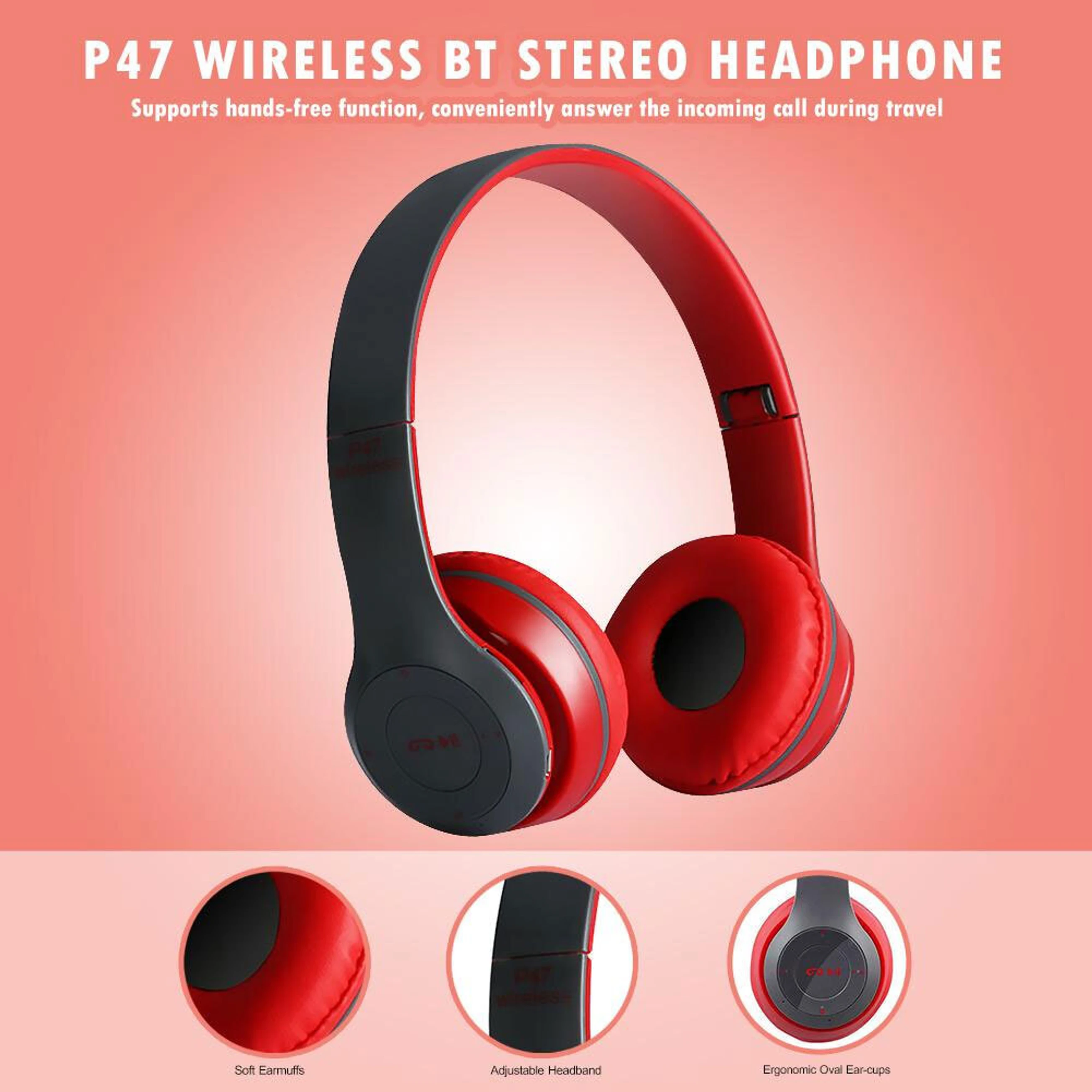 TABARET Best Quality Wireless Earphone Portable ,Mic,SD Card Support Bluetooth Headphone Bluetooth Headset (Red, On the Ear) image 2