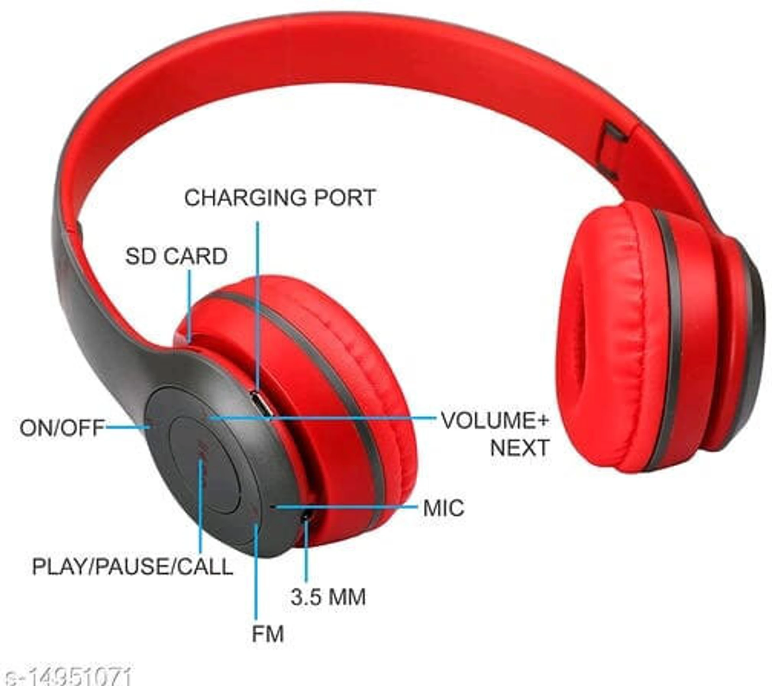 TABARET Best Quality Wireless Earphone Portable ,Mic,SD Card Support Bluetooth Headphone Bluetooth Headset (Red, On the Ear) image 3