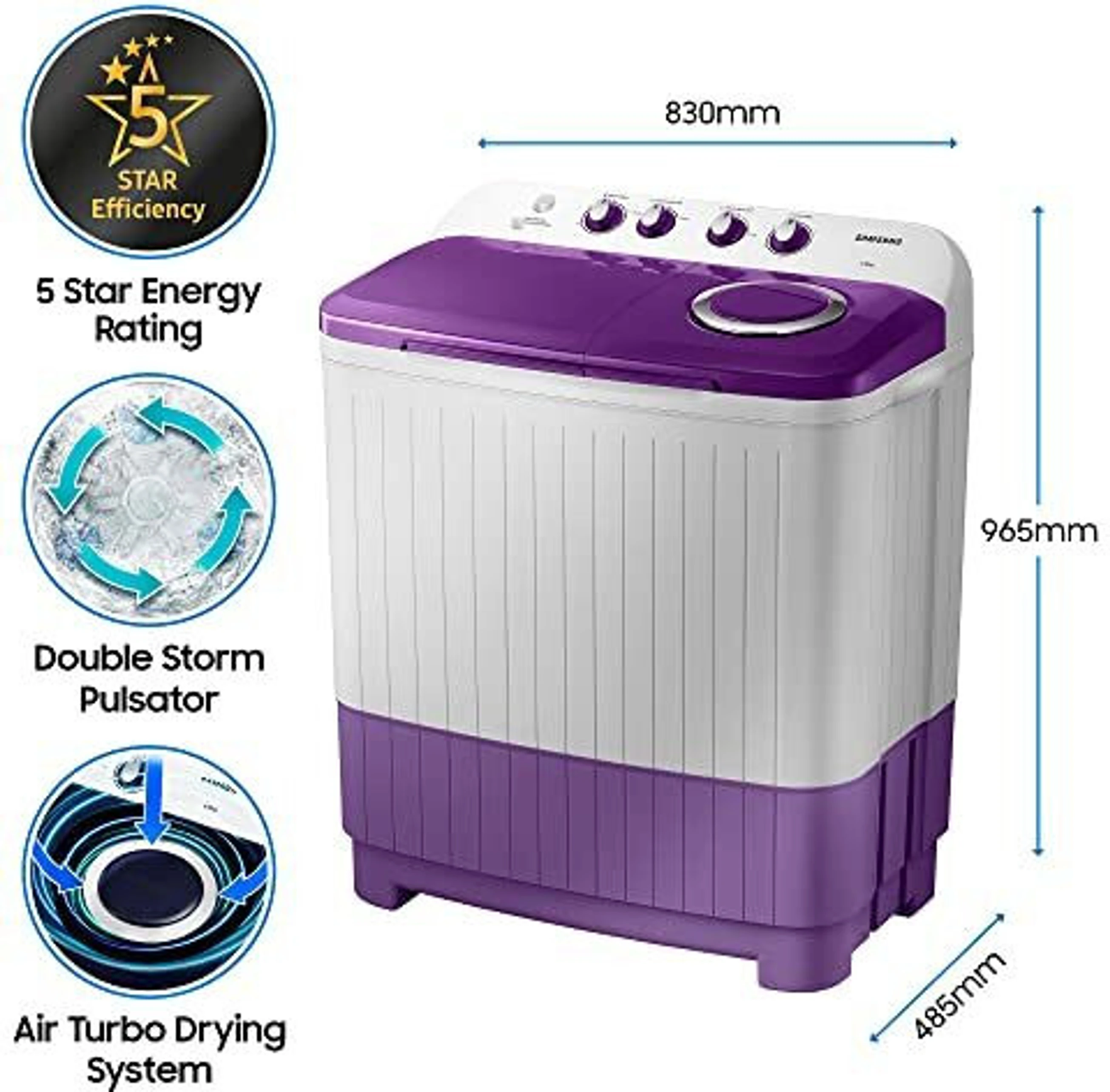 Samsung 7 kg 5 star, Air Turbo Drying Semi Automatic Top Load Grey, Purple (WT70M3000UU/TL) image 2