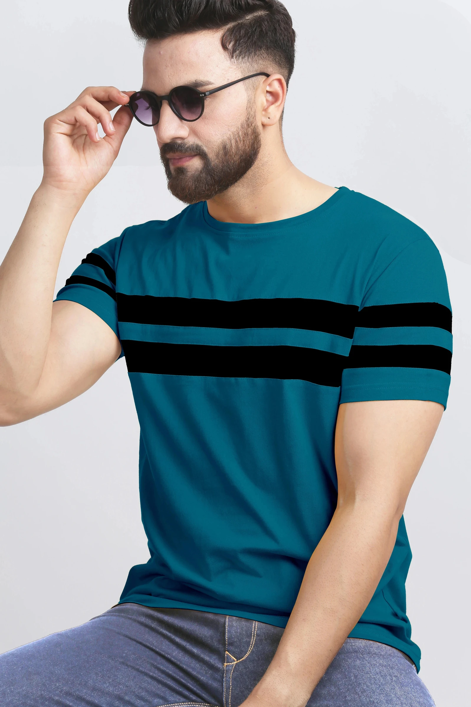 AUSK Men Striped Round Neck Cotton Blend Blue, Black T-Shirt