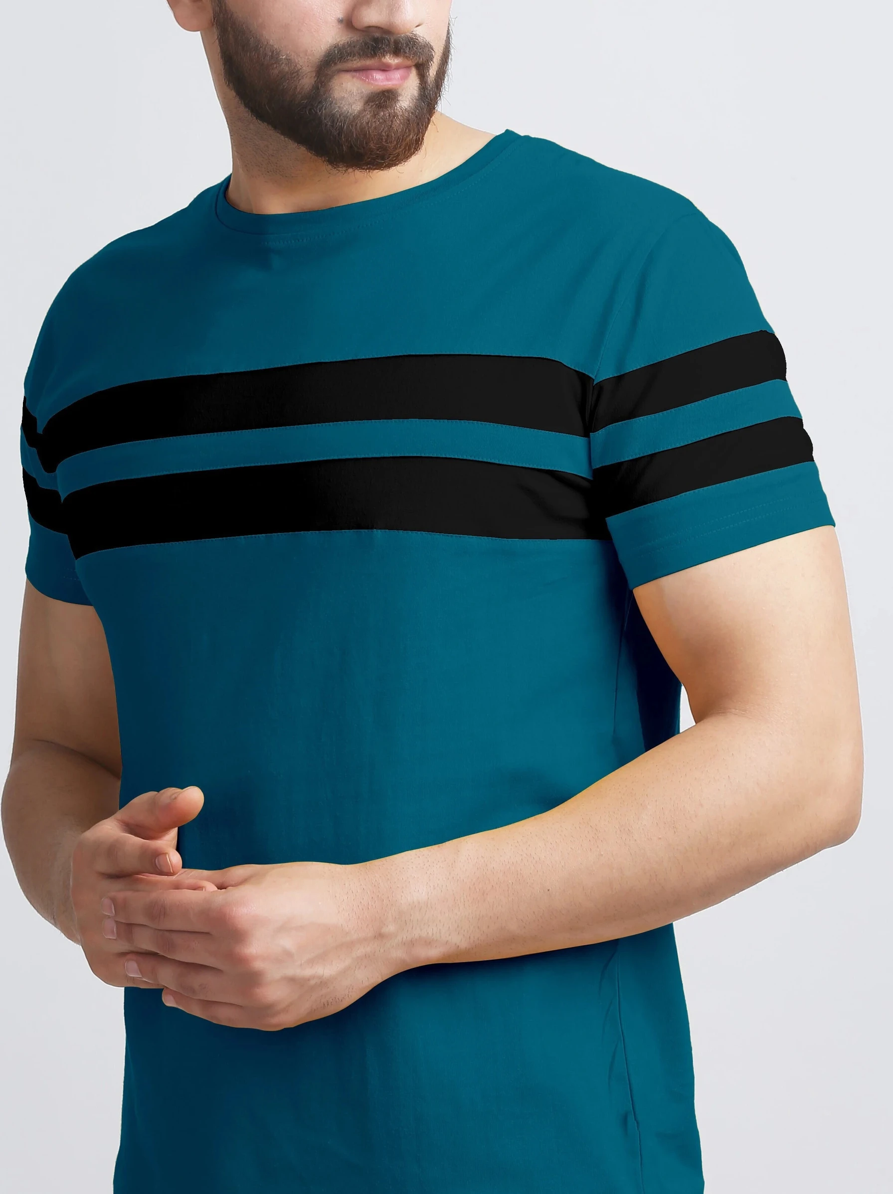 AUSK Men Striped Round Neck Cotton Blend Blue, Black T-Shirt image 3