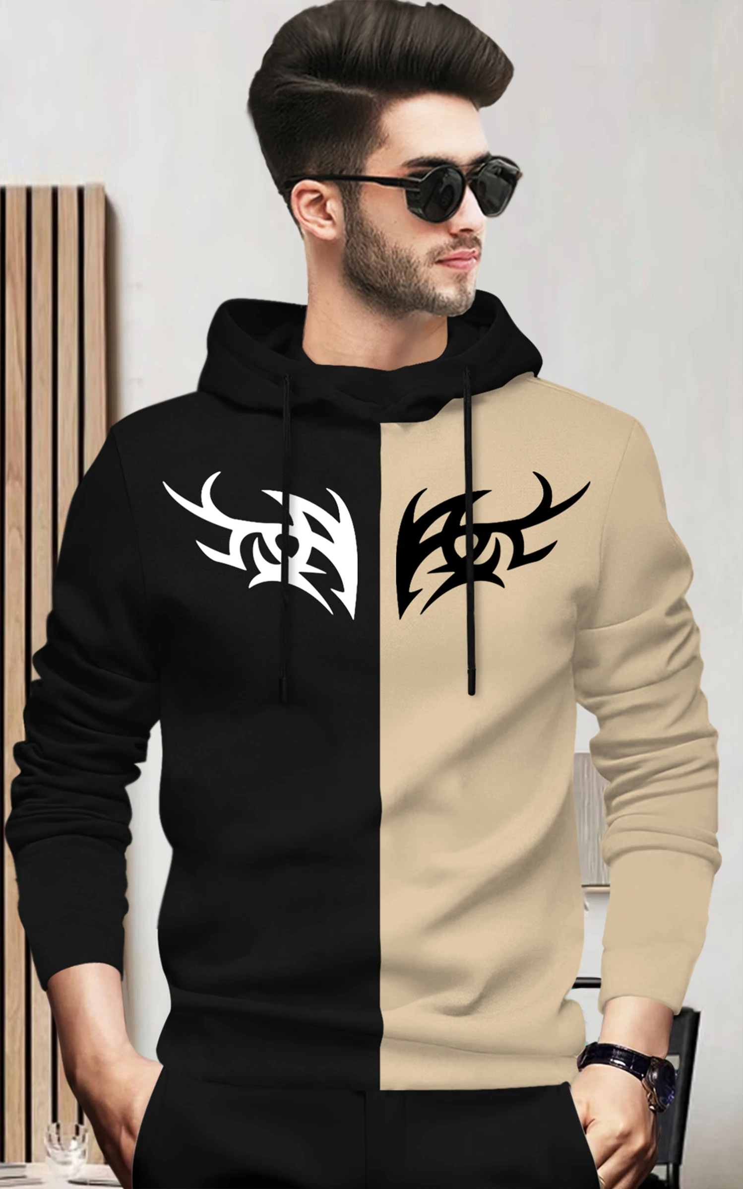 BLIVE Men Printed Hooded Neck Cotton Blend Black, Beige T-Shirt