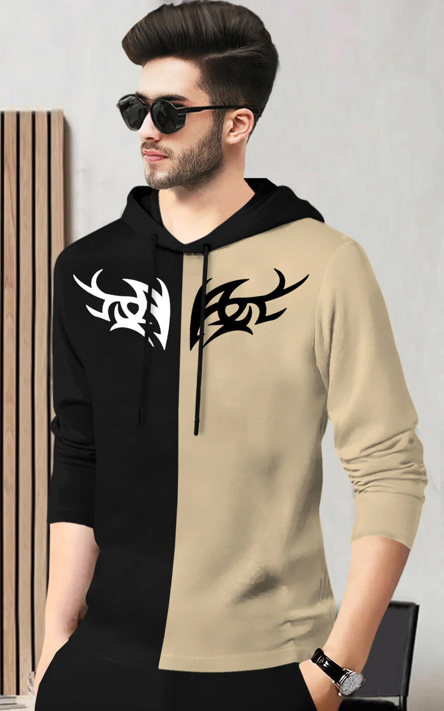 BLIVE Men Printed Hooded Neck Cotton Blend Black, Beige T-Shirt image 2