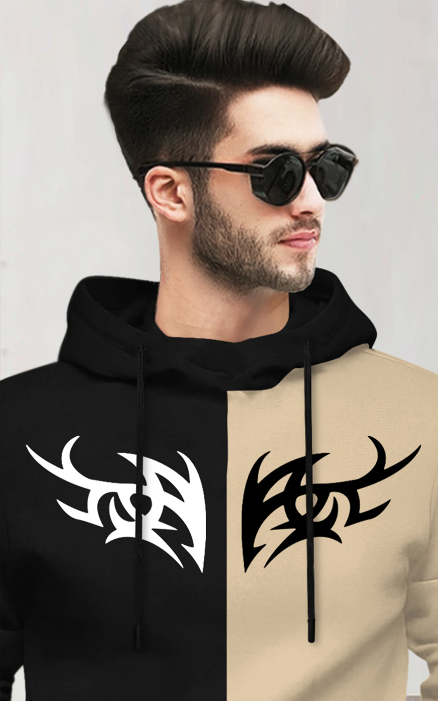 BLIVE Men Printed Hooded Neck Cotton Blend Black, Beige T-Shirt image 3