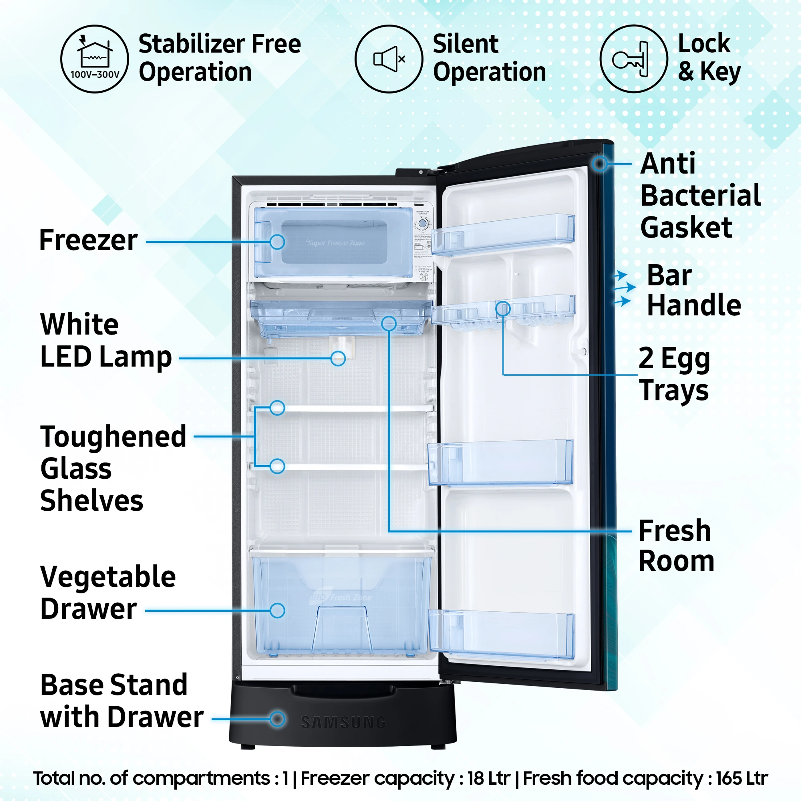 Samsung 183 L Direct Cool Single Door 4 Star Refrigerator with Base Drawer (Paradise Bloom Blue, RR20H28249U/NL) image 2