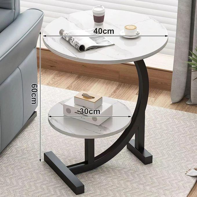 Modern Two-Tier Marble Top Side Table with Black Metal Base-white