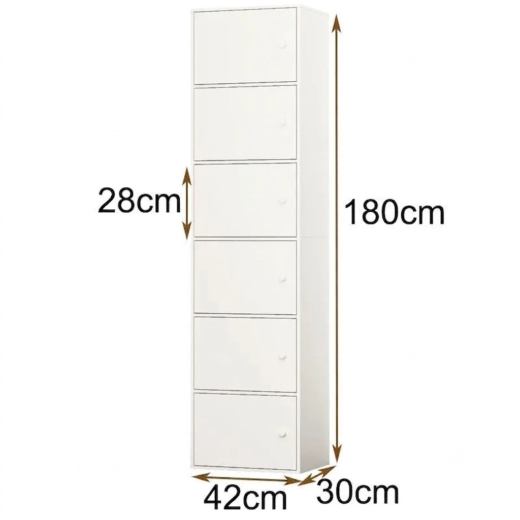 6 Tier Shoe Cabinet with Doors - Slim Storage Organizer - 42cm x 30cm x 180cm - Warm White