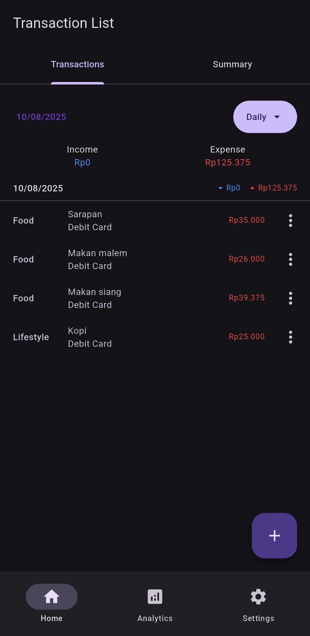 Finance tracker screenshot - list of transactions