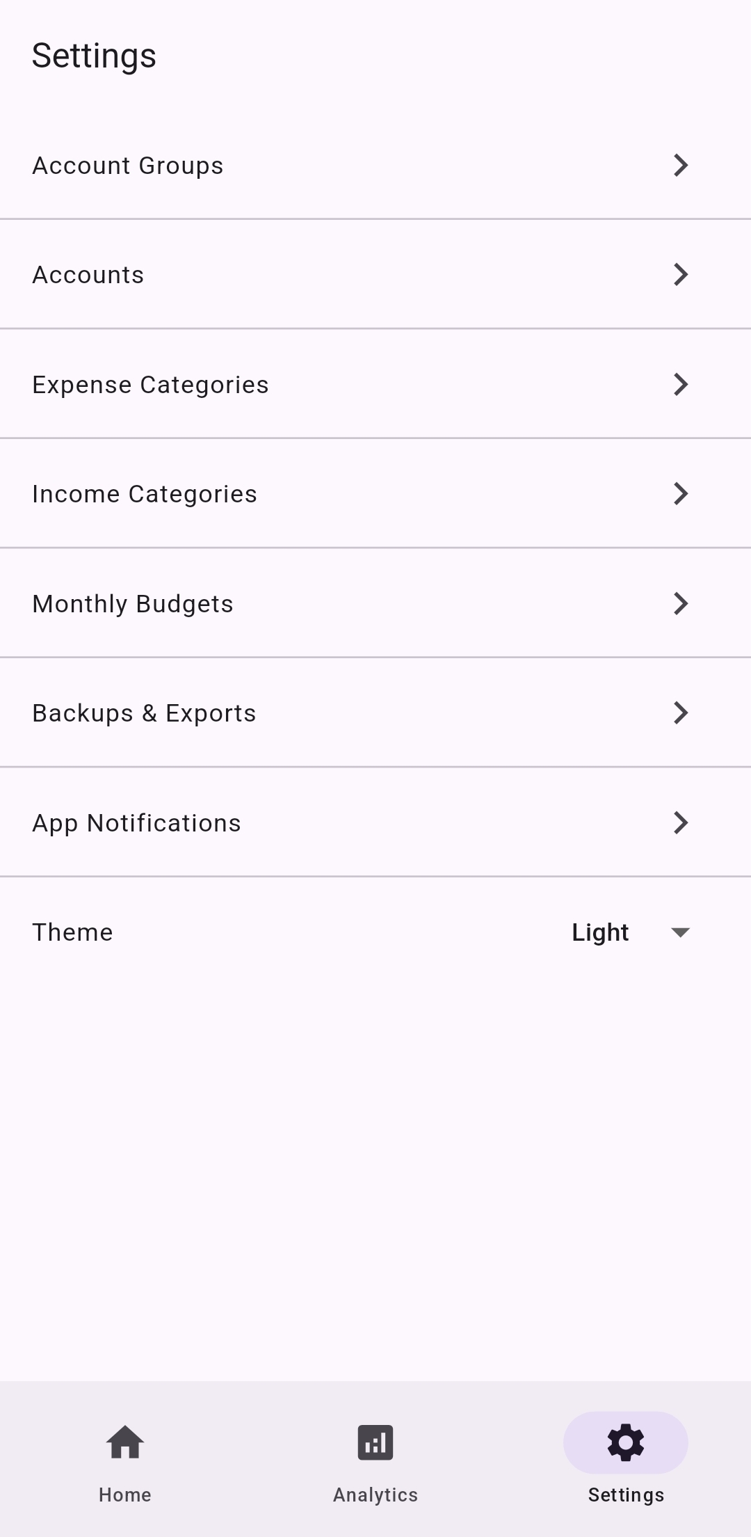 Finance tracker screenshot - settings page