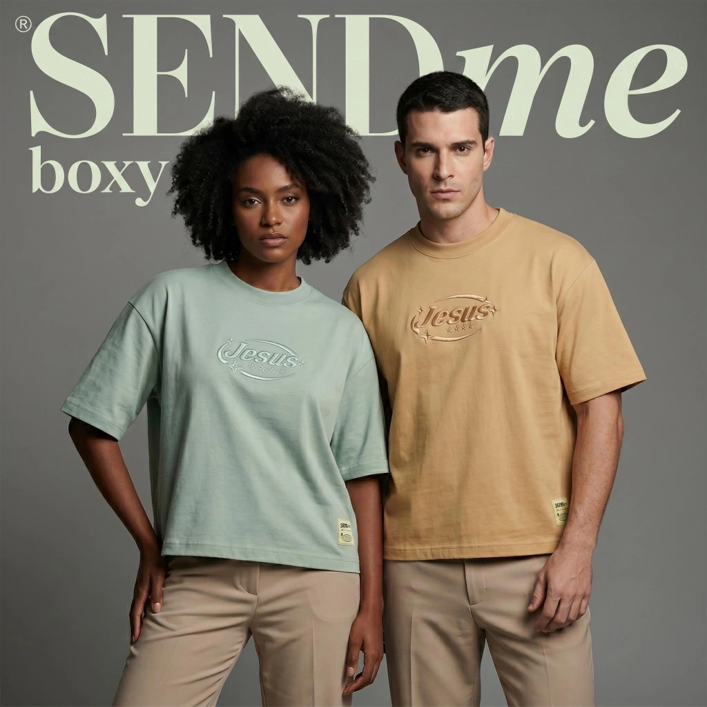 Modelo vestindo a camiseta missionária verde escura SENDME, vista de frente e de costas.