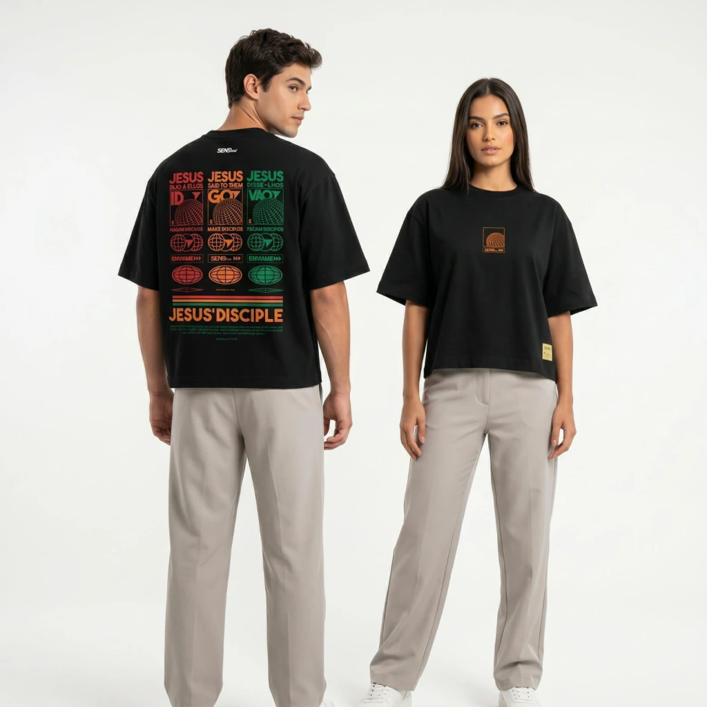 Mockups da camiseta missionária verde escura SENDME dobrada e isolada com frente e costas.