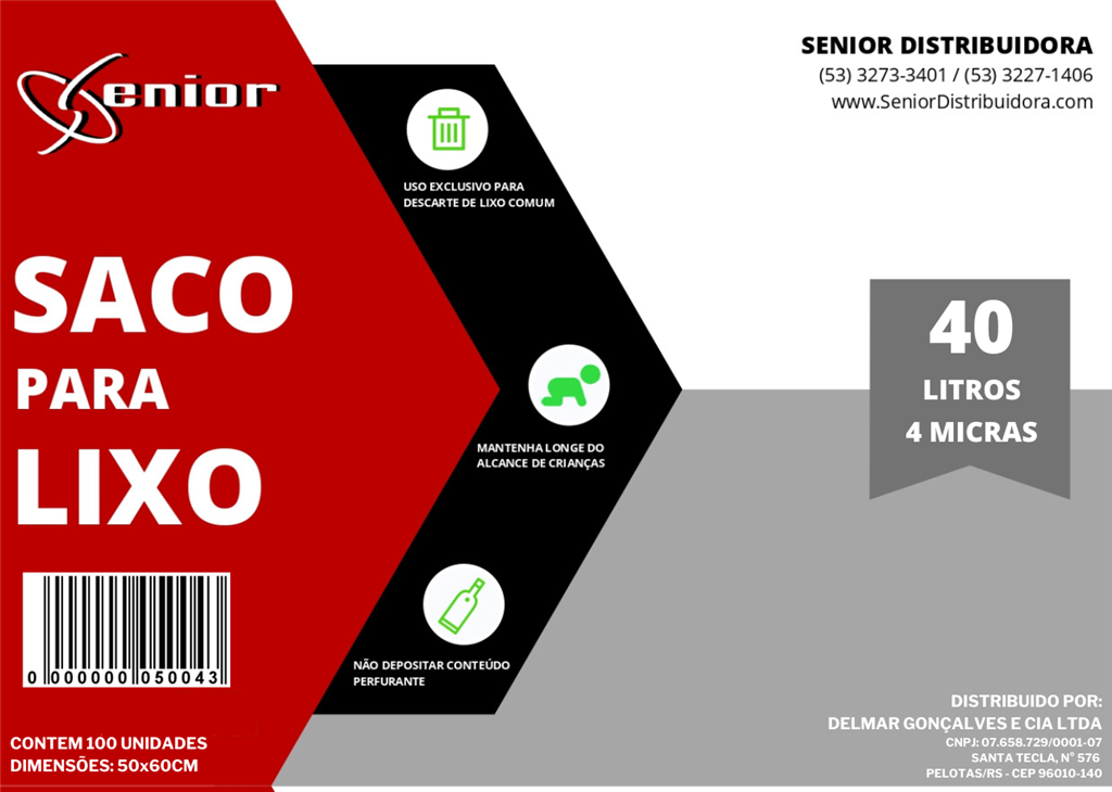 Saco Lixo - Preto -  40l (leve) - C/100  (50x60) - 0,04