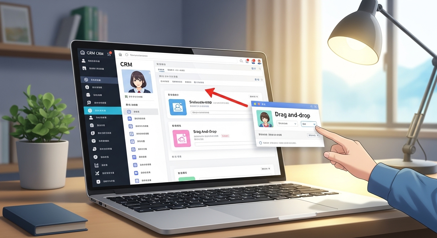 CRM dashboard interface showing customer data and email automation process.