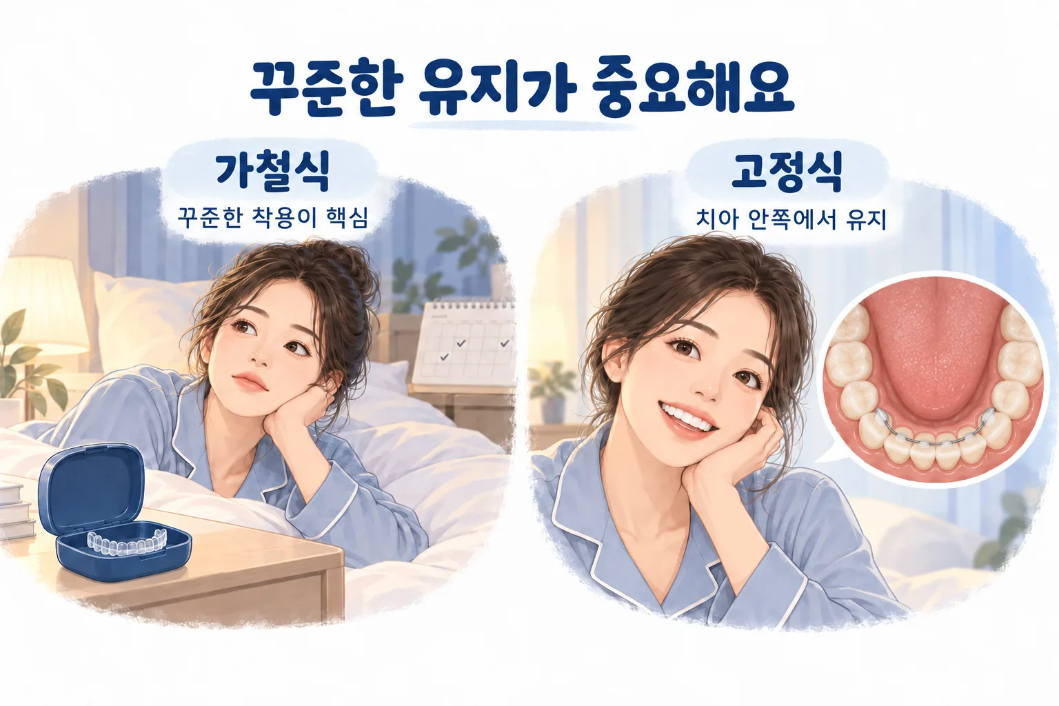 하악 치아 안쪽 고정식 유지장치 도해