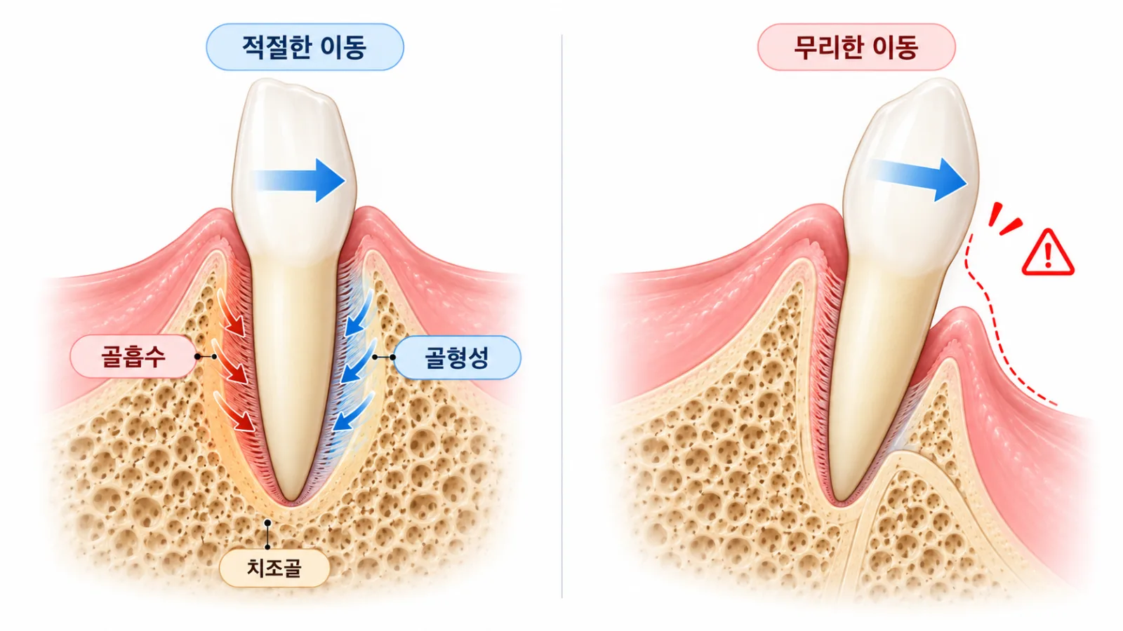 치아 이동과 치조골 변화 비교