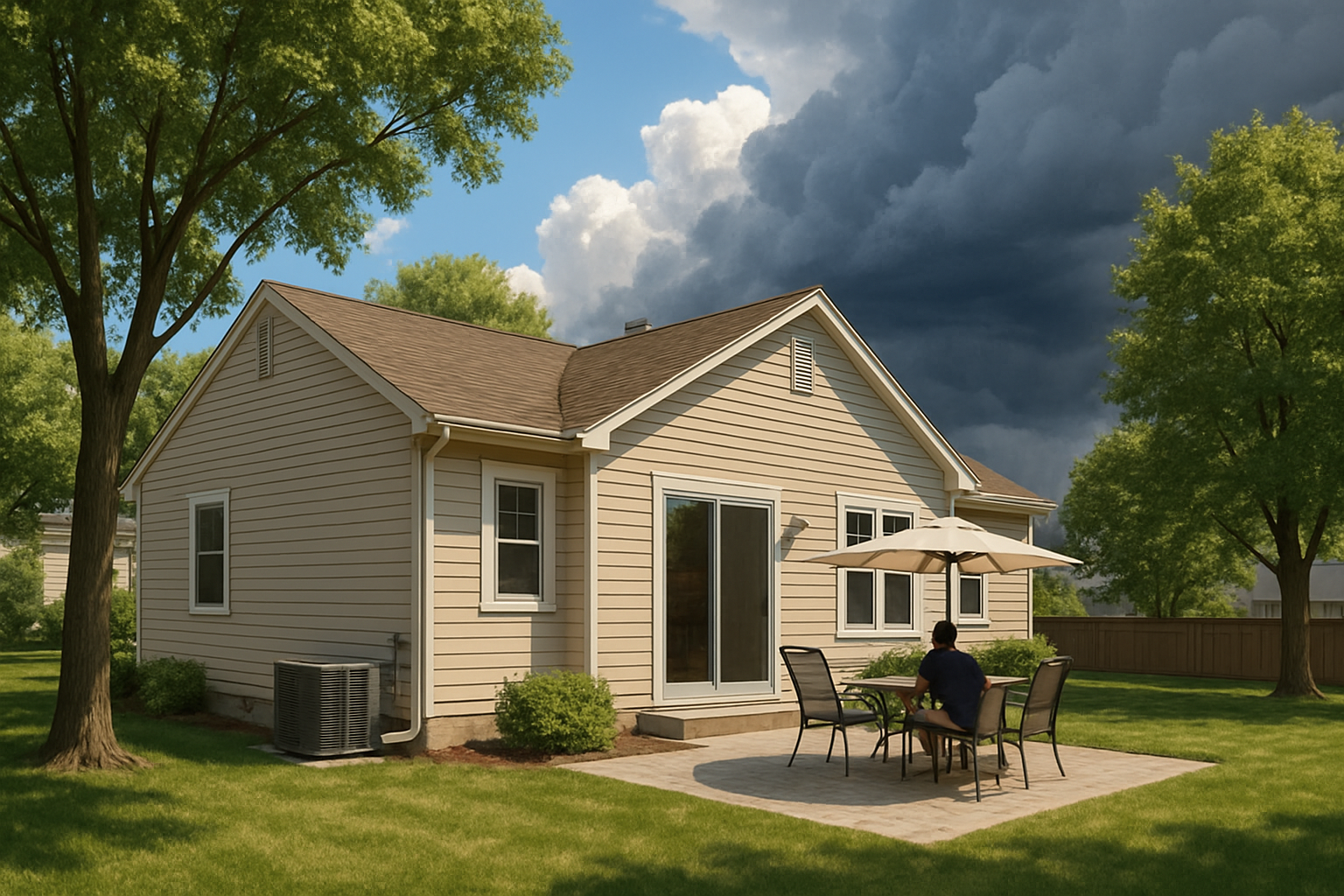 [A sunny July afternoon in Libertyville, Illinois showing a well-kept suburban home with mature trees, an outdoor patio, a central air conditioning unit beside the house, and storm clouds forming in the distance, photographed in a realistic residential style]
