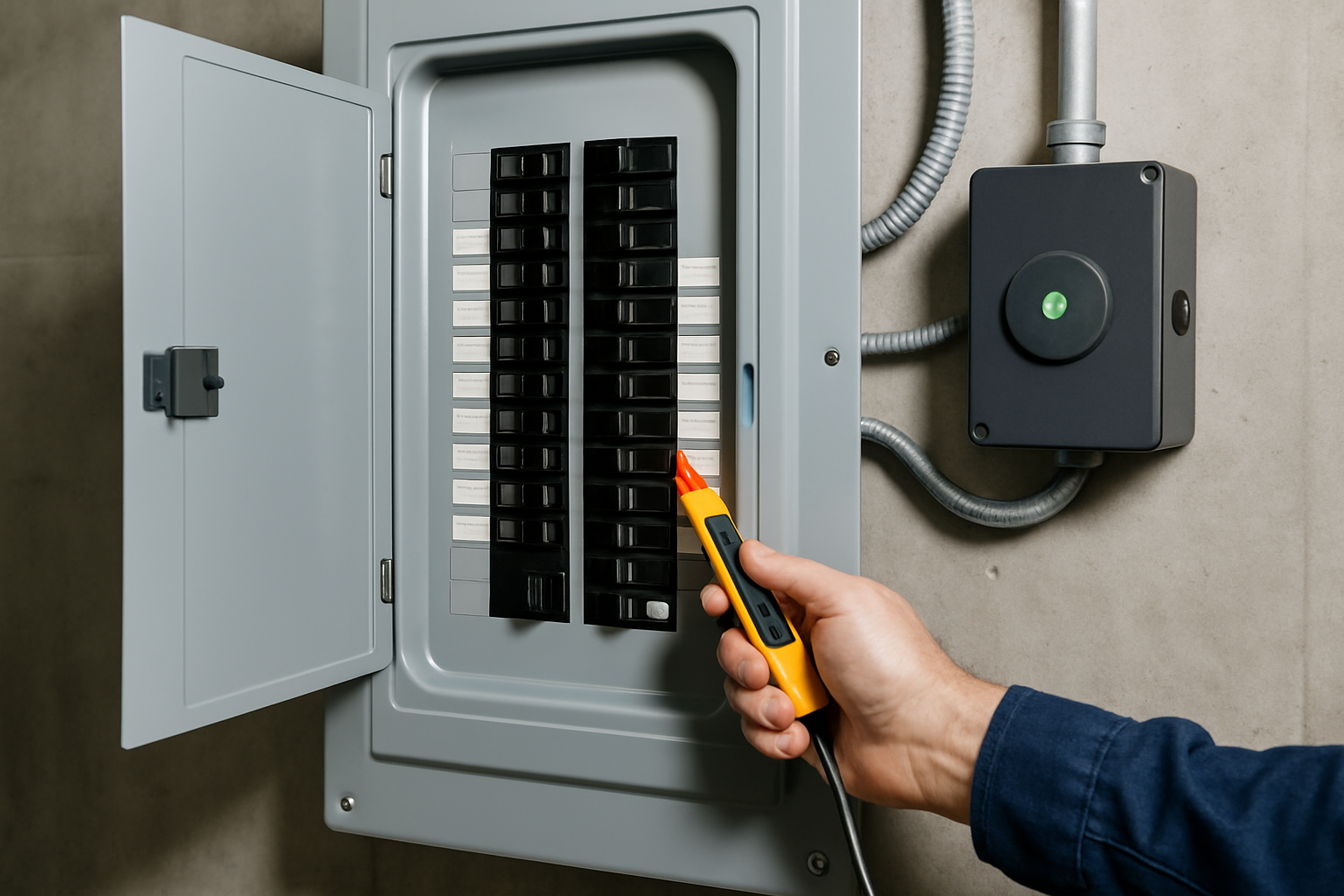 [A close-up realistic photo of a modern residential electrical panel in a clean Libertyville basement with labeled breakers, a whole-home surge protector installed beside the panel, and an electrician’s hand using a voltage tester safely]
