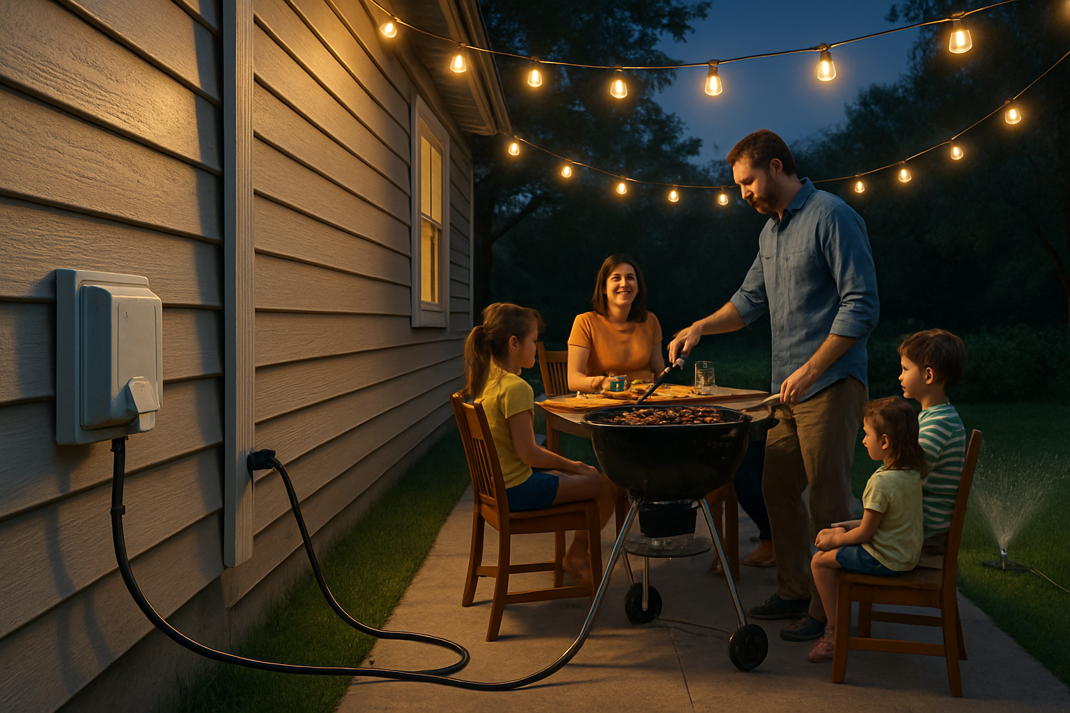 [A realistic evening backyard scene in Libertyville with warm LED patio string lights, a family enjoying a summer cookout, covered outdoor GFCI outlets on the siding, and safe cord placement away from a sprinkler and wet grass]