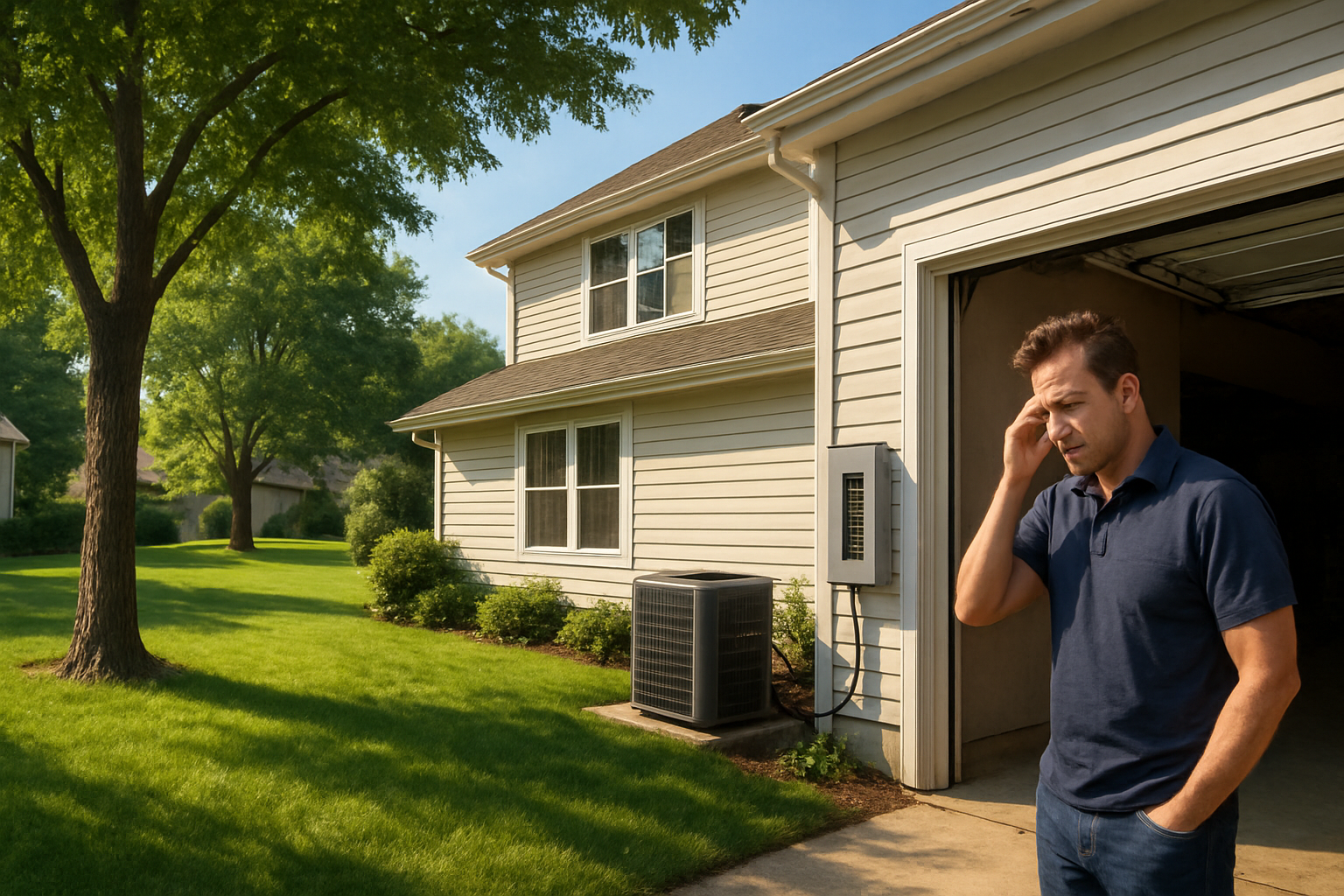 A realistic July afternoon scene in Libertyville, Illinois showing a suburban home with green lawn, mature trees, bright summer sun, an outdoor air conditioning condenser beside the house, and a homeowner looking concerned near an open electrical panel in the garage