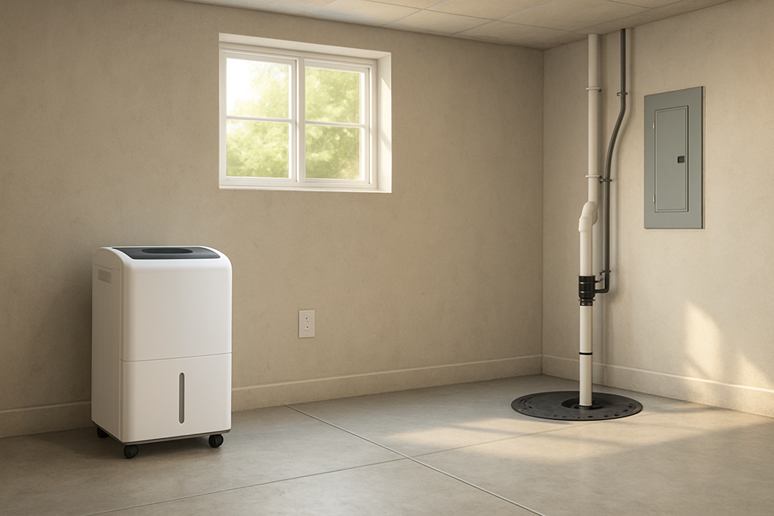 A clean residential basement in Libertyville with a dehumidifier, sump pump area, electrical outlet, and utility panel visible, showing summer humidity concerns with soft natural light through a basement window