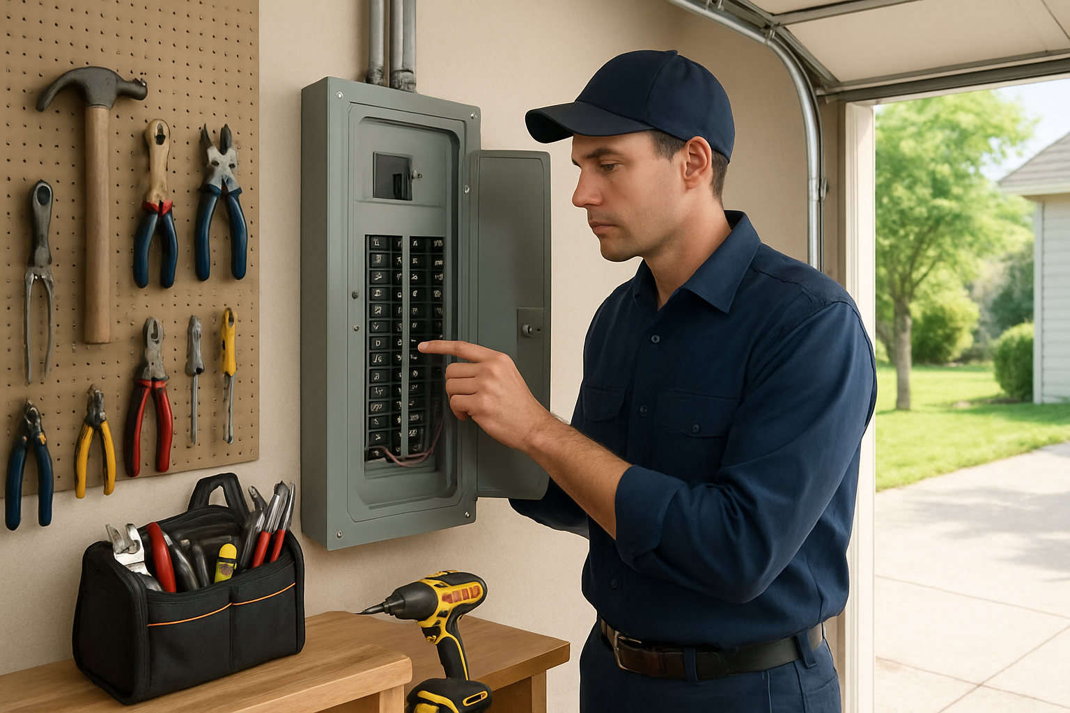 A professional electrician in a neat uniform inspecting a residential electrical panel in a bright Libertyville garage, with tools organized nearby and summer daylight coming through an open garage door