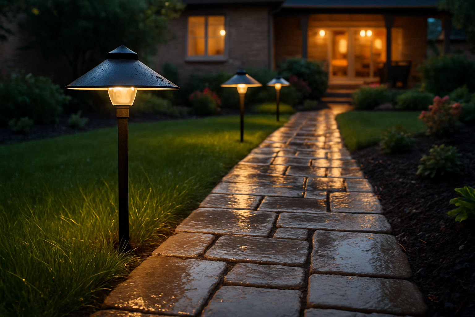 Close-up view of elegant low-voltage pathway lights along a stone walkway in a Libertyville suburban backyard after a summer rain, with wet grass, soft reflections, landscaped flower beds, and warm patio lighting in the distance