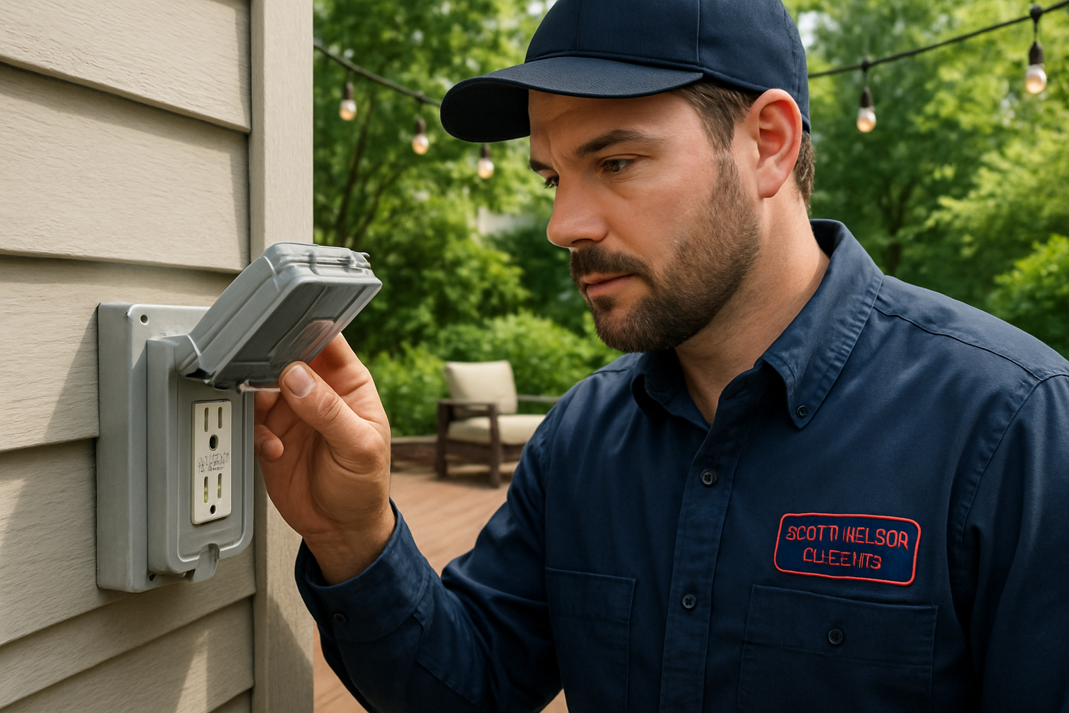 Professional electrician in a Scott Nelson Electric style work shirt inspecting an outdoor GFCI outlet and weatherproof cover on a Libertyville home patio, with string lights, deck seating, and summer greenery visible in the background