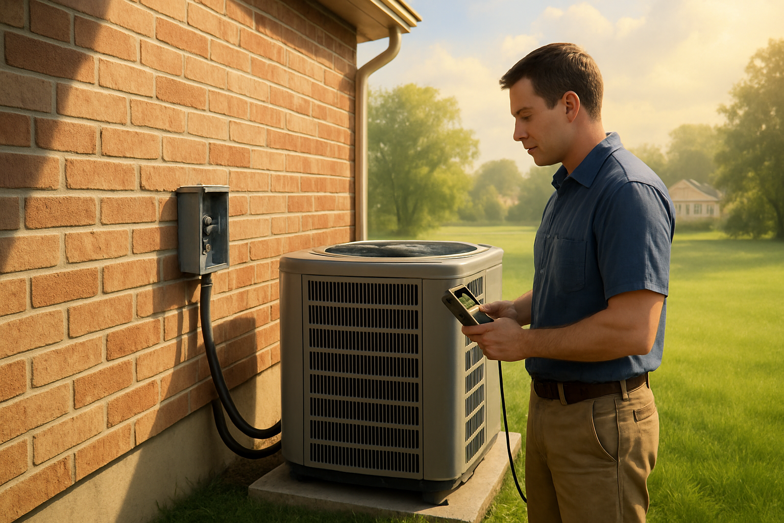 A sunny July afternoon in Libertyville Illinois with a residential central air conditioning condenser beside a brick suburban home, green lawn, humid summer haze, and an electrician inspecting the outdoor electrical disconnect panel