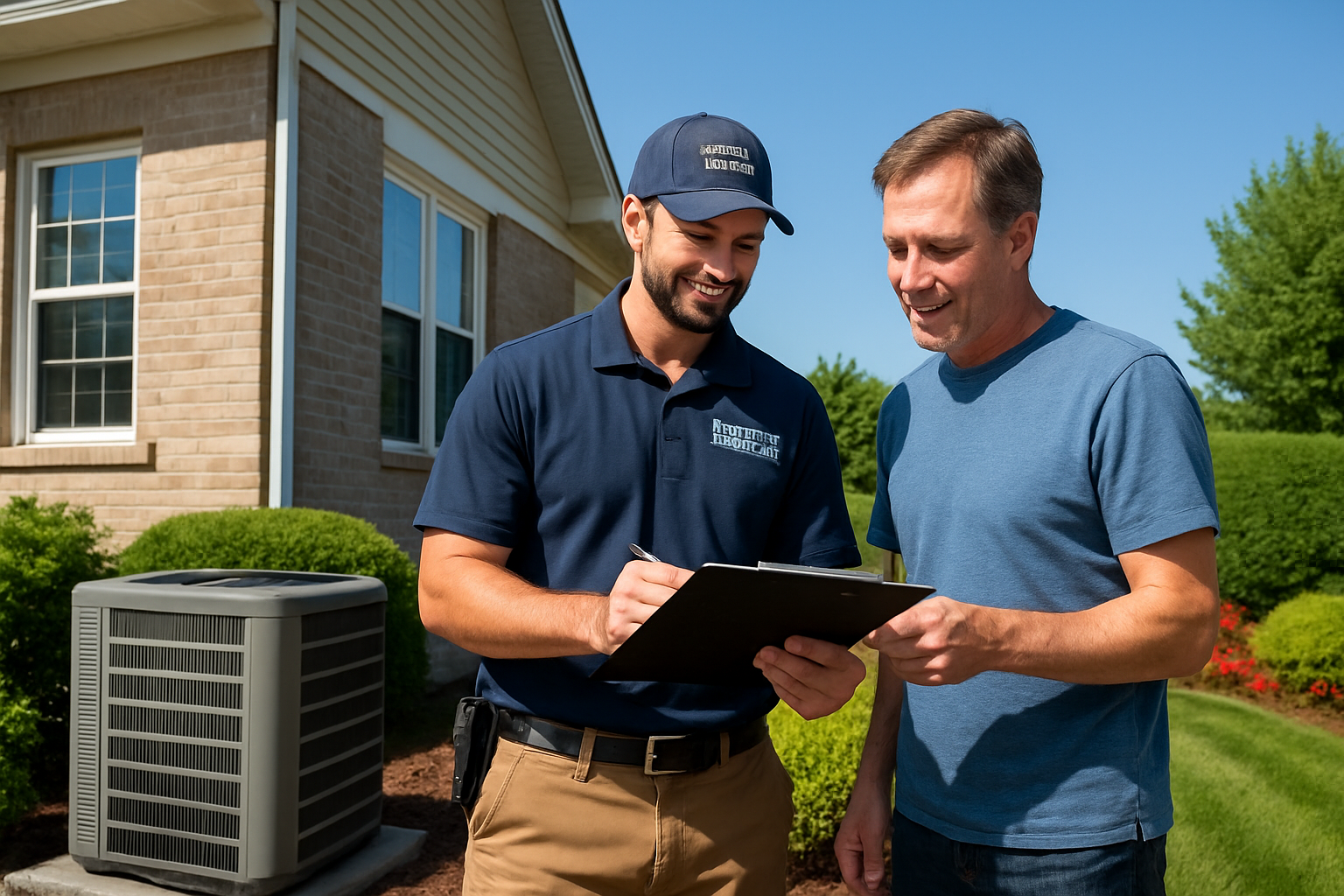 Friendly local electrician from Scott Nelson Electric Inc speaking with a homeowner outside a Libertyville Illinois home near an air conditioner unit, both looking at a clipboard, summer landscaping and clear blue sky in the background