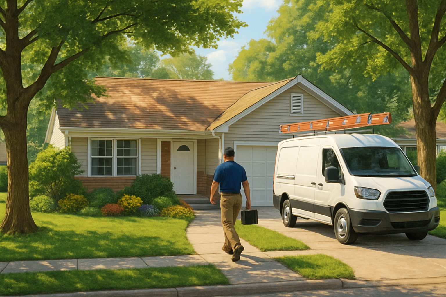 A bright July afternoon in a Libertyville, Illinois neighborhood showing a well-kept suburban home with mature trees, sunlight on the roof, an electrician’s service van in the driveway, and warm summer landscaping around the front walk