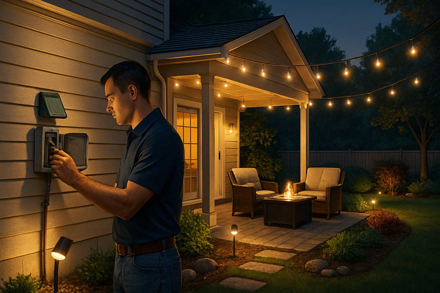 A summer backyard patio in Libertyville, Illinois at dusk with energy-efficient LED landscape lights, a covered outdoor outlet, string lights over a seating area, and an electrician checking an exterior weatherproof electrical box