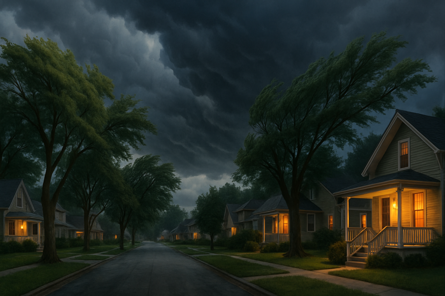 A Libertyville, Illinois residential street in late summer with dark storm clouds rolling in, mature trees bending slightly in the wind, warm porch lights glowing on well-kept suburban homes, and a dramatic August sky before a thunderstorm