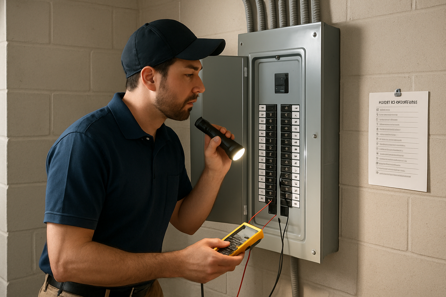 A licensed electrician inspecting a residential electrical panel inside a clean Libertyville home basement, using a flashlight and testing equipment, with neatly labeled breakers and a storm preparedness checklist nearby