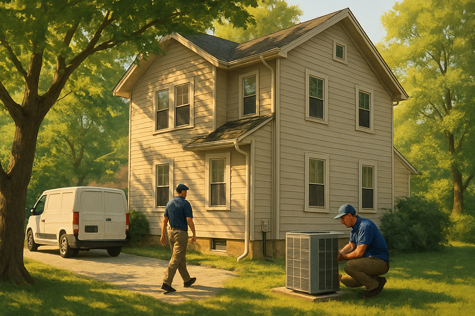 A warm August afternoon exterior of an older two-story home in Libertyville, Illinois, with mature trees, sunlight on the siding, an air conditioning unit running beside the house, and a service van parked in the driveway