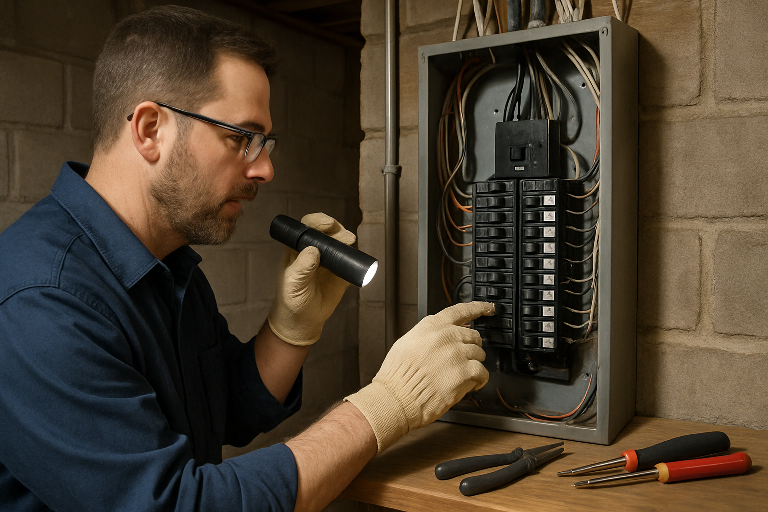Close-up of a licensed electrician inspecting an older residential electrical panel in a basement, wearing safety gloves, with labeled breakers, a flashlight, and clean organized tools nearby