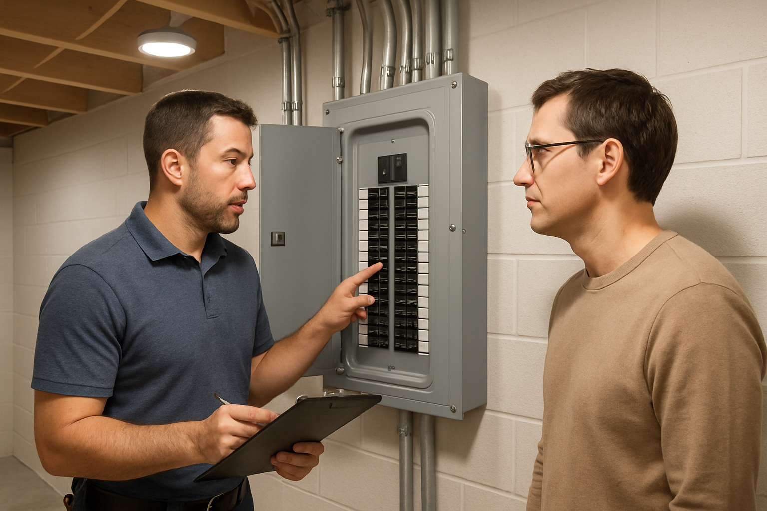 A modern residential electrical panel after installation, neatly labeled breakers, clean conduit, bright basement utility room lighting, and an electrician reviewing the work with a homeowner