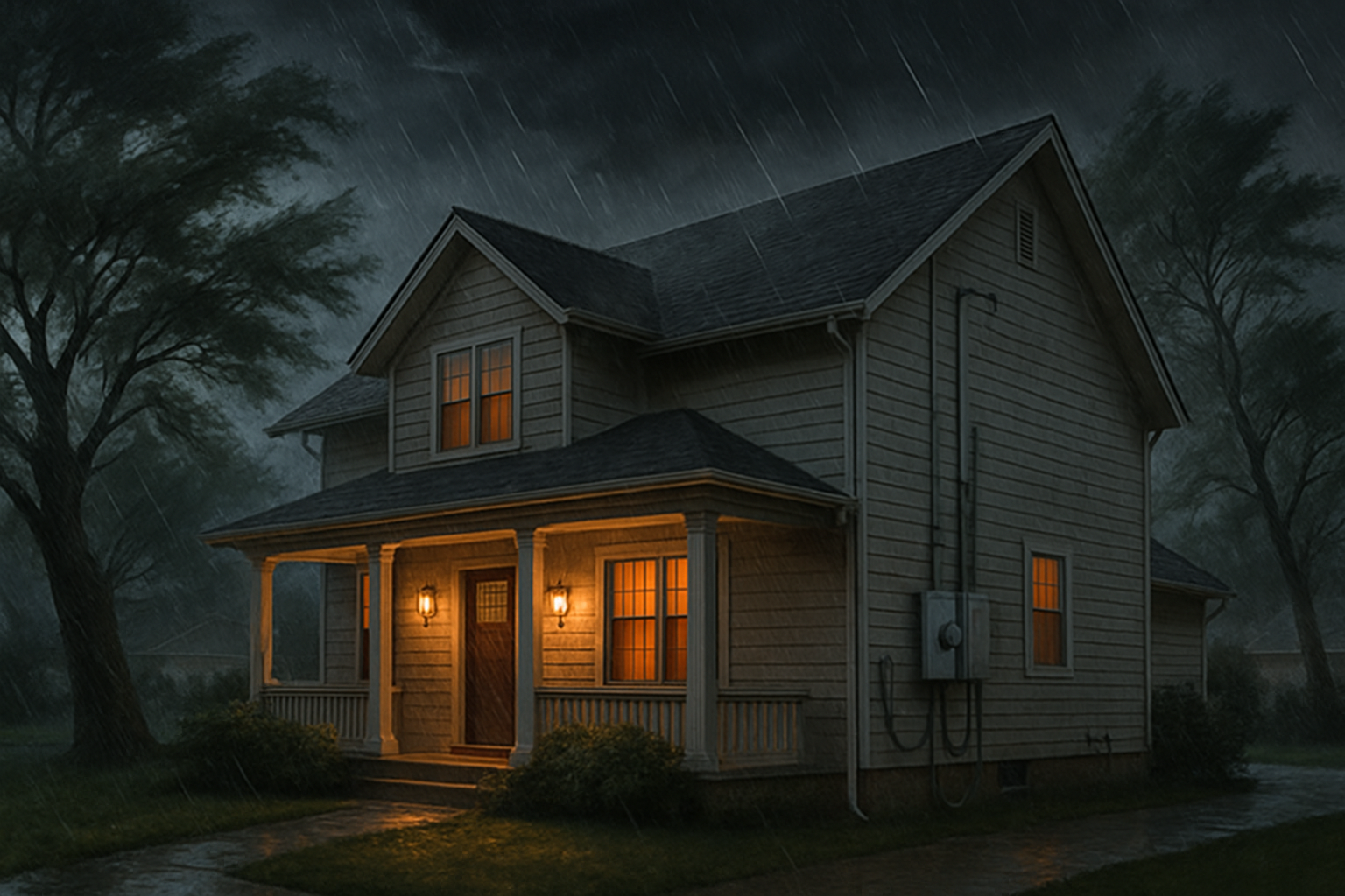 A suburban Libertyville Illinois home during a dramatic late summer thunderstorm, dark clouds overhead, rain falling, trees bending in the wind, warm porch lights glowing, and visible exterior electrical service equipment on the side of the house